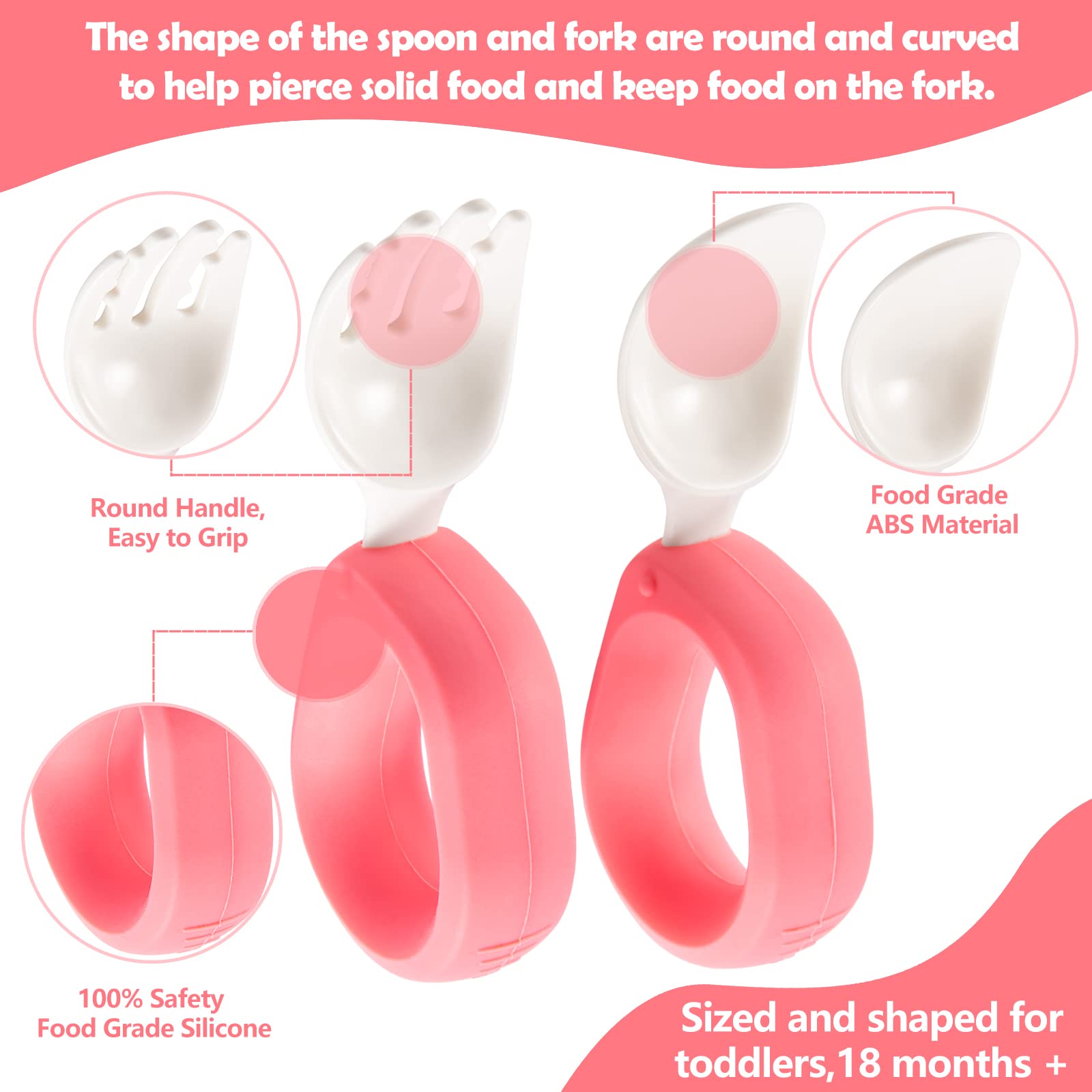 HIWOOD Baby Self Feeding Training Spoon and Fork Set with Travel Case, BPA-Free Cute Circle Toddler Training Utensils, Silicone/